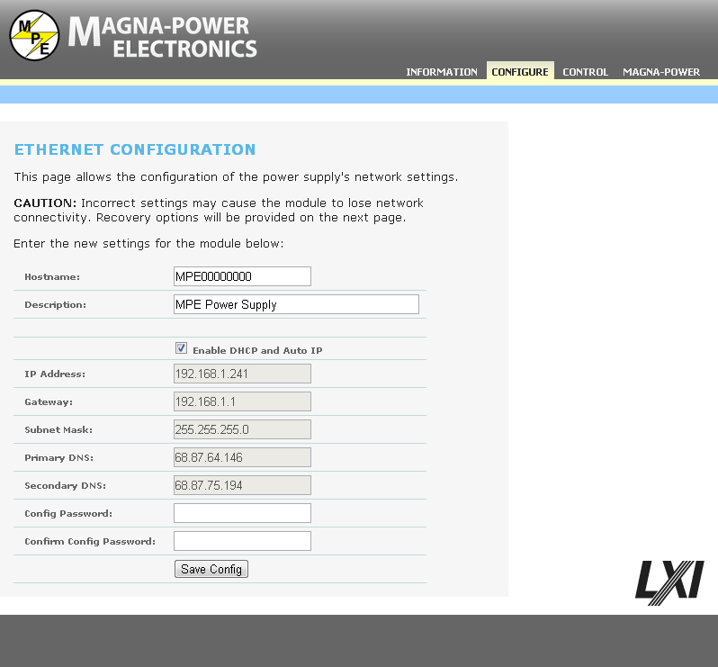 LXI web interface configuration panel