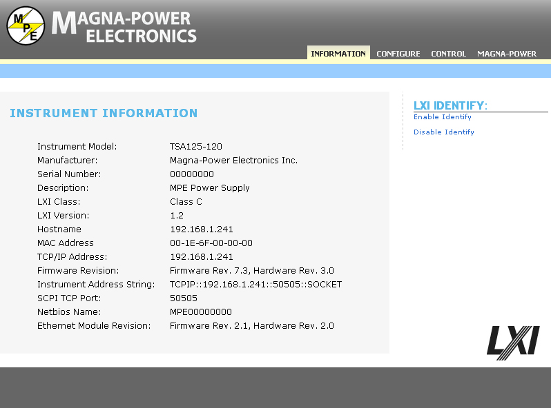 LXI web interface information panel