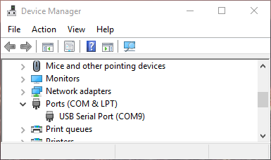 Windows Device Manager listing the COM port under Ports