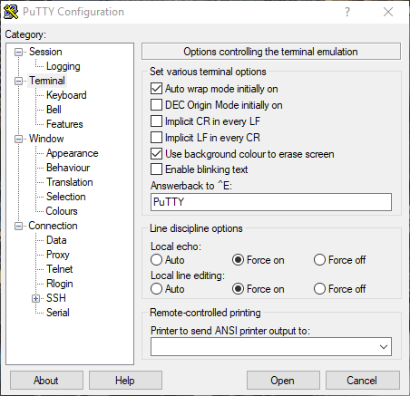 PuTTY terminal settings with local echo and line editing forced on