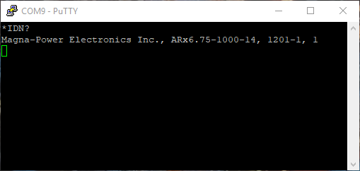 PuTTY terminal session output showing the *IDN? query response