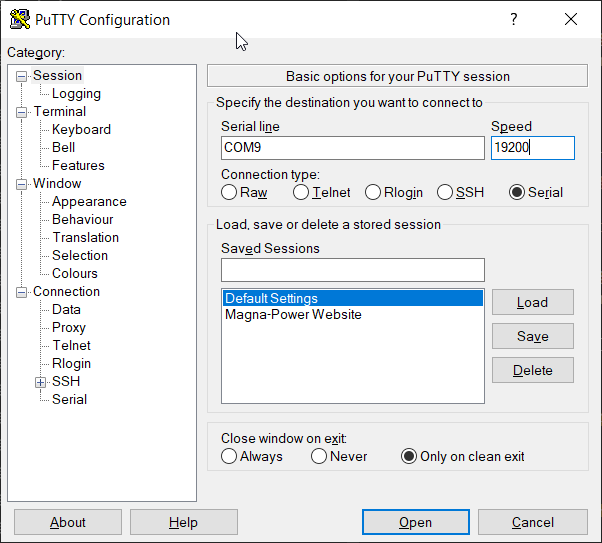 PuTTY session settings for a serial connection