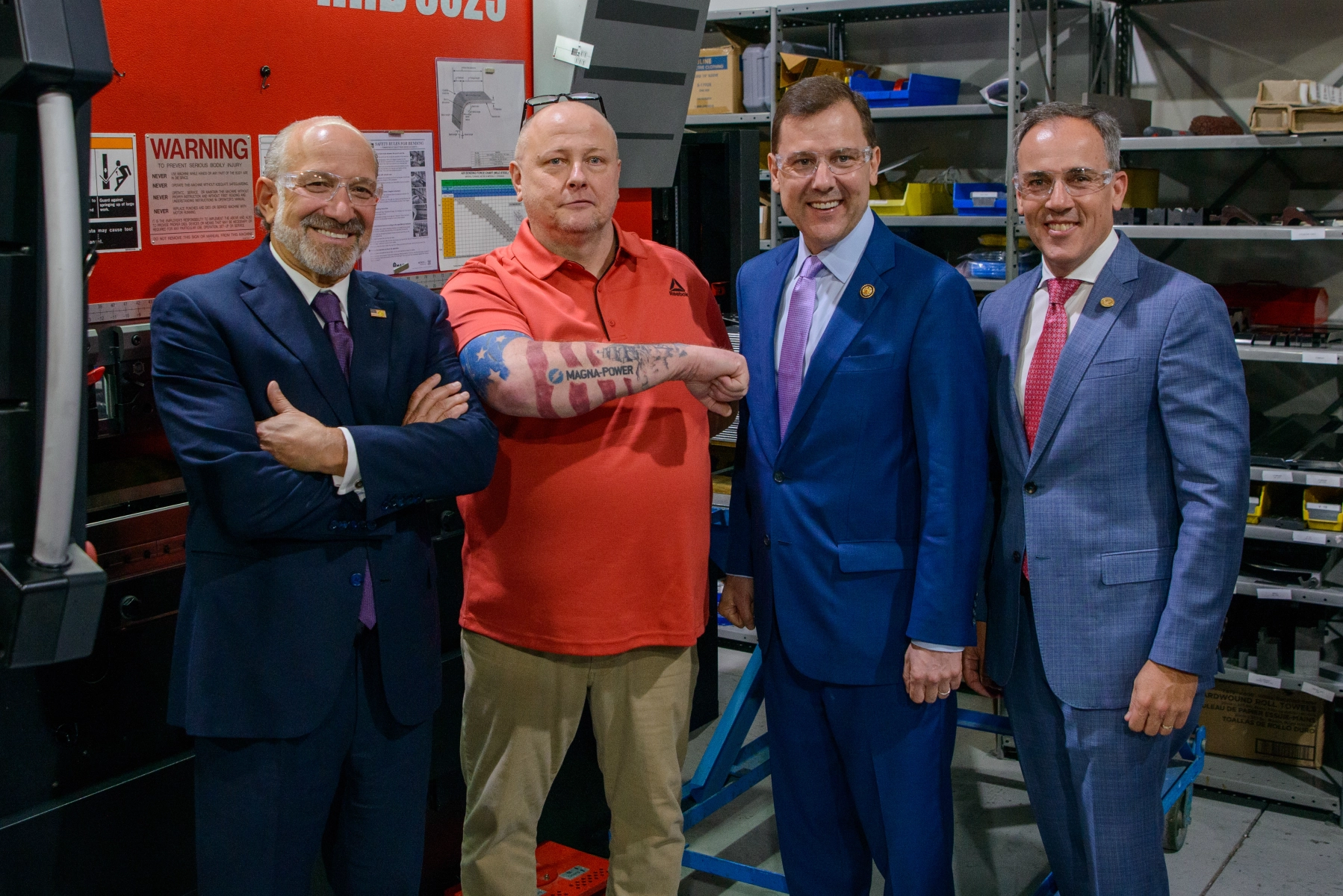 From left to right: United States Secretary of Commerce Howard Lutnick, Magna-Power Electronics Sheet Metal Production Manager Larry Motsinger, Congressman Tom Kean, Jr., Hunterdon County Commissioner Director John E. Lanza
