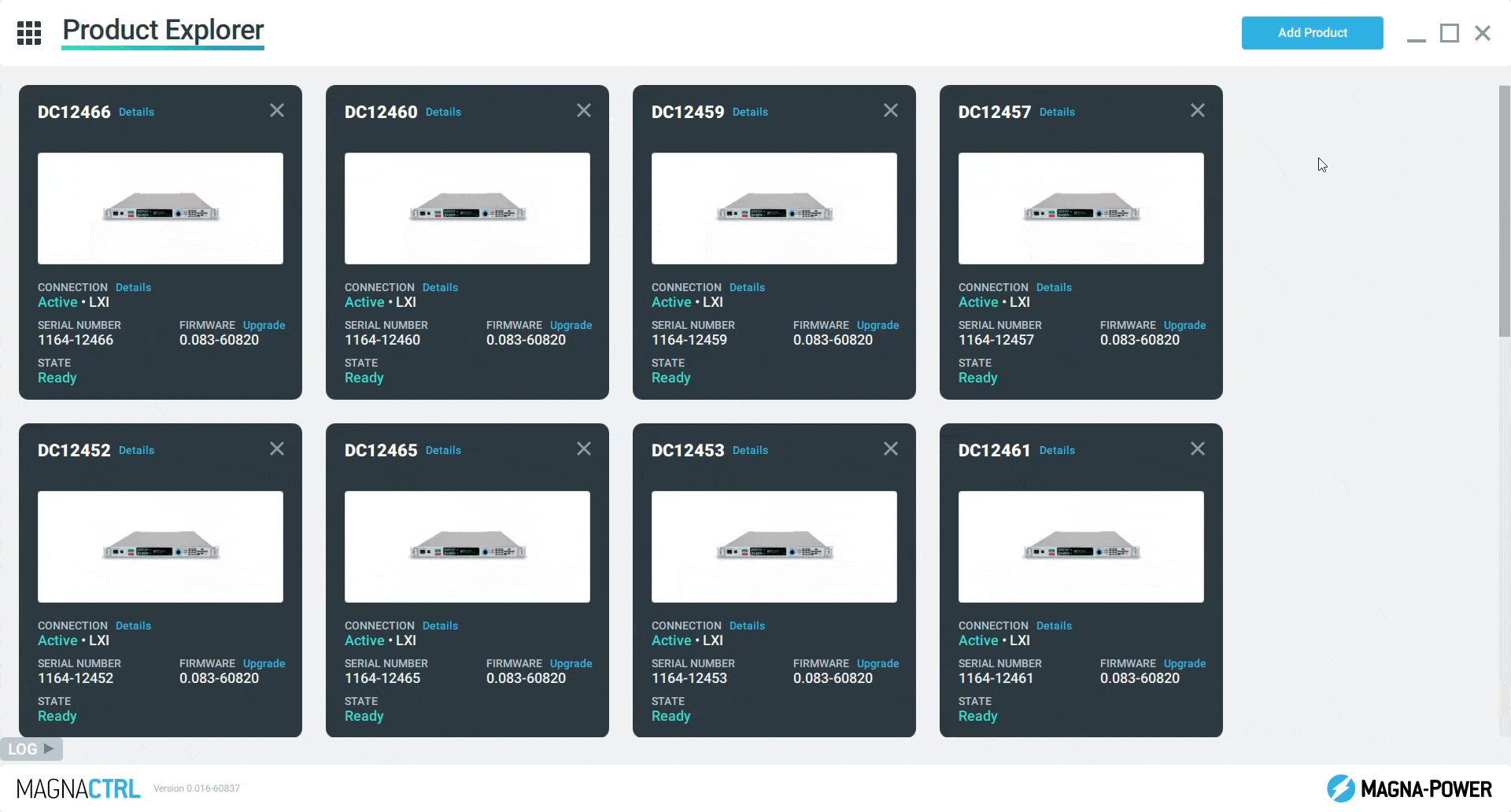 All eighteen SLx Series power supplies connected at once in MagnaCTRL's Product Explorer.