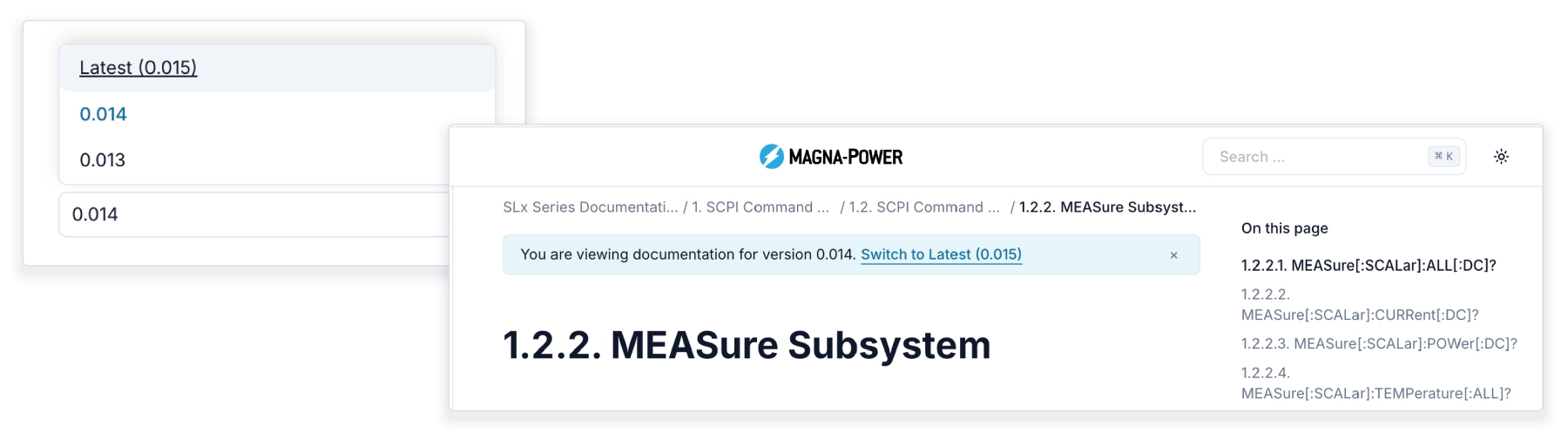 Every documentation release stays published through the version switcher. Archived pages identify themselves and link back to the latest.