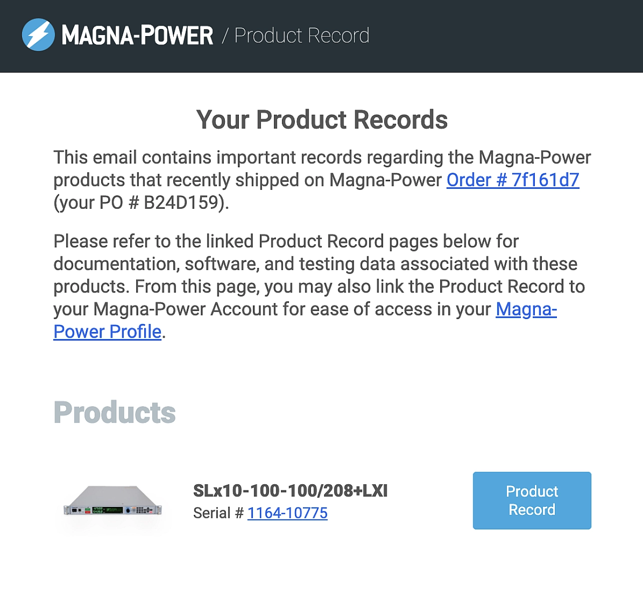 Product Record email accompanying serialized product shipments