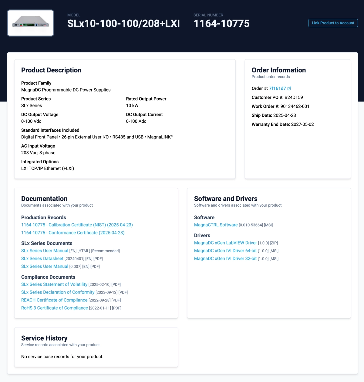 An example Product Record page, in this case, for an SLx Series programmable DC power supply