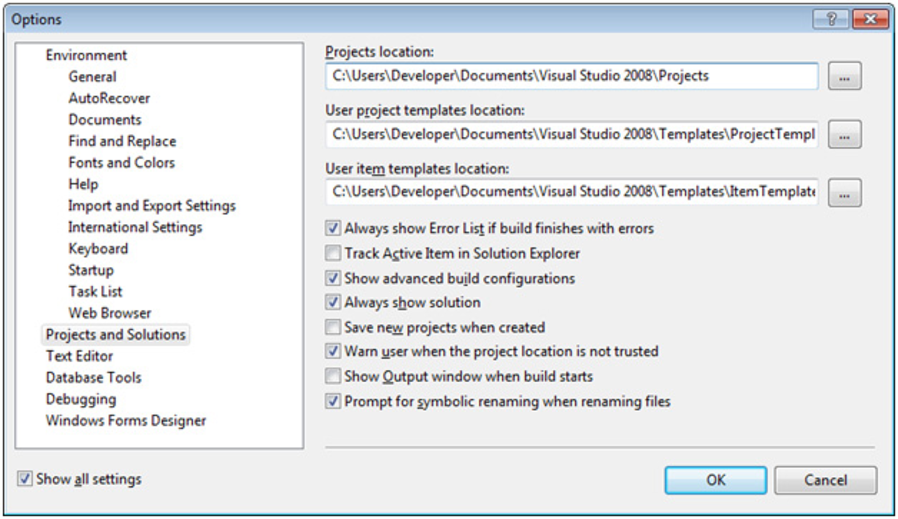 Figure 4. Visual Studio Express Options window.
