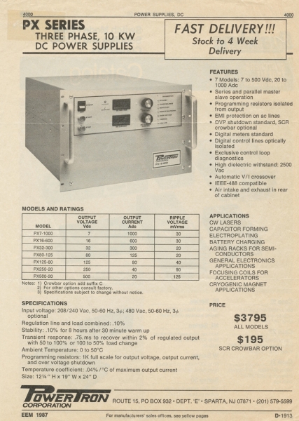 Fig. 3 Magazine Advertisement for the Magna-Power's First Ac-Dc Product: PX Series Supply (1987). Fig. 3 Magazine Advertisement for the Magna-Power's First Ac-Dc Product: PX Series Supply (1987). Icon