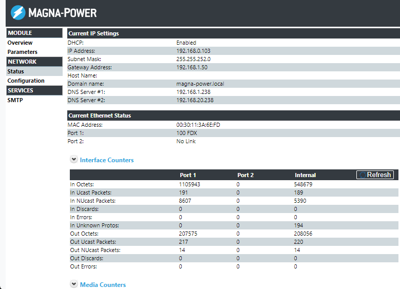 EtherNet/IP webpage hosted in Magna-Power's +EIP option