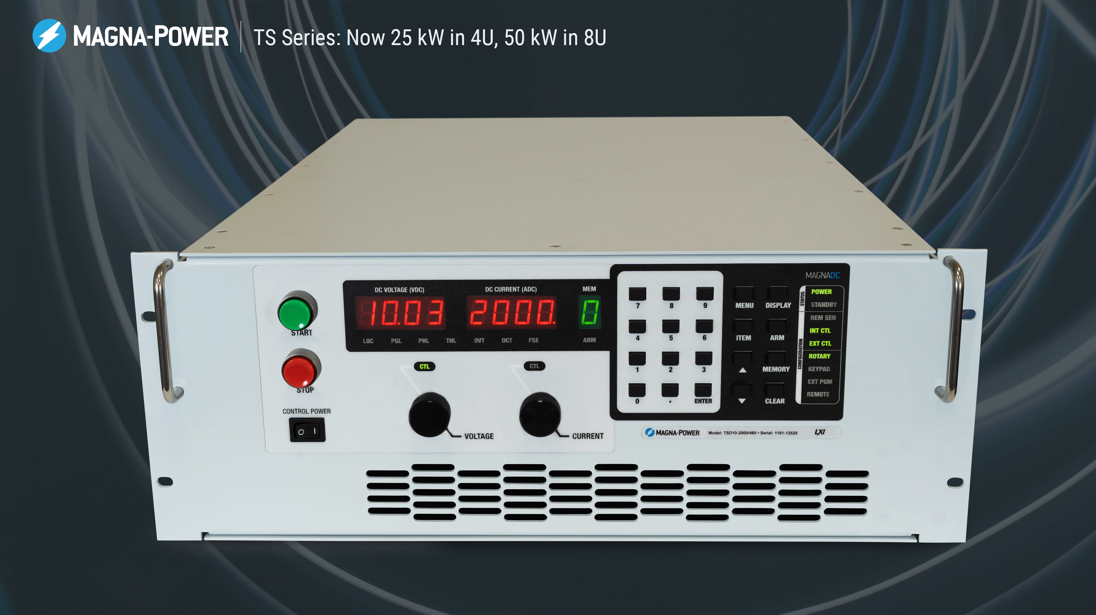 Upgraded TS Series, providing up to 20 kW and 25 kW in 4U with current up to 2000 Adc, and 40 kW and 45 kW in 8U with current up to 4000 Adc (25 kW 4U TS Series pictured)
